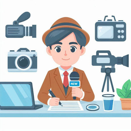 Journalist with microphone and camera. Vector illustration in flat style.のイラスト素材
