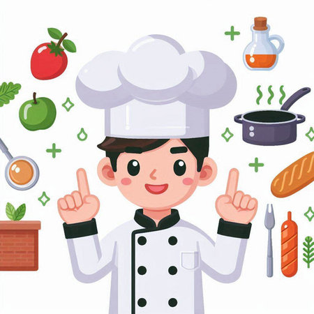 Chef man cartoon character in chef hat and uniform vector illustration.のイラスト素材
