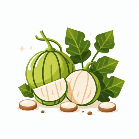 Watermelon with green leaves isolated on white background. Vector illustration.のイラスト素材