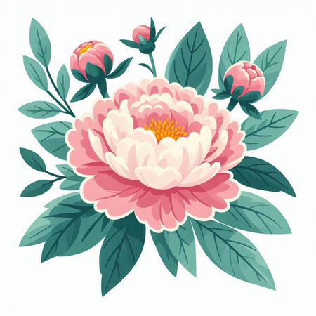 Beautiful pink and white peony with green leaves. Vector illustration.のイラスト素材