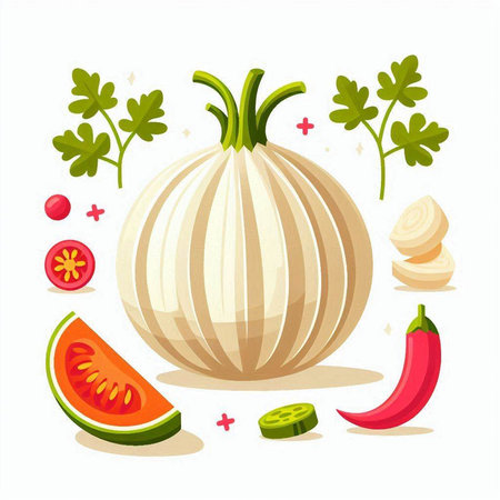 Vector illustration of fresh vegetables. Onion, tomato, pepper, parsley.のイラスト素材