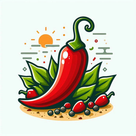 Chilli pepper with green leaves and red hot chili peppers. Vector illustration.のイラスト素材