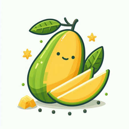 Mango fruit character design. Vector flat cartoon illustration. Isolated on white background.のイラスト素材