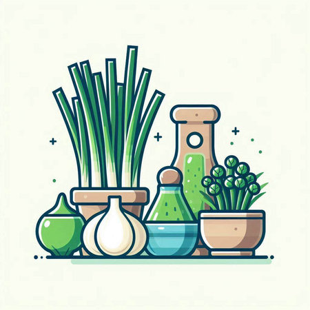 Vegetables, herbs and spices in flat line style. Vector illustration.のイラスト素材