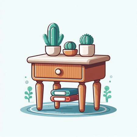 Wooden table with cactus and books. Interior design. Vector illustrationのイラスト素材