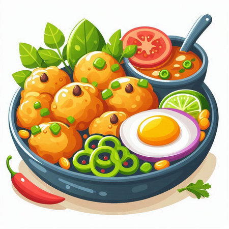 Illustration of a bowl of fried chicken nuggets with vegetables and eggのイラスト素材
