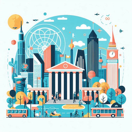 Vector illustration of cityscape with famous buildings, roads and people.のイラスト素材
