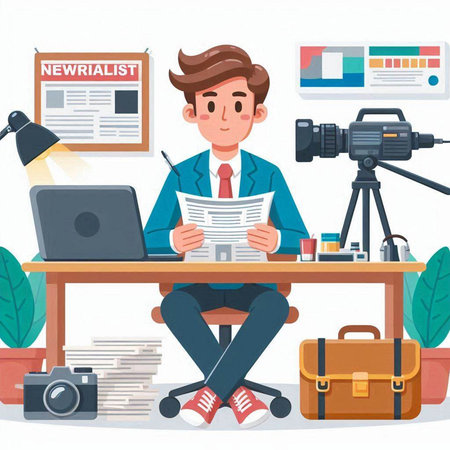 Journalist sitting at desk with laptop and newspaper. Flat style vector illustration.のイラスト素材