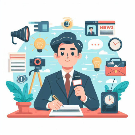 Journalist, journalist, reporter, videographer. Vector flat illustrationのイラスト素材