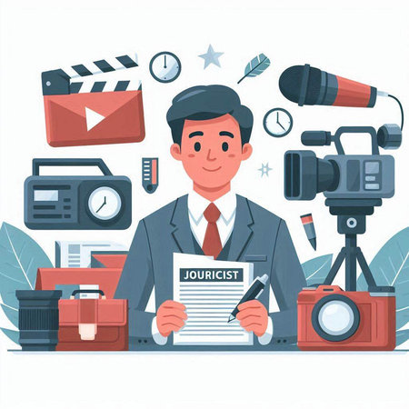 Journalist with camera, microphone and equipment. Vector illustration in flat styleのイラスト素材