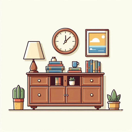 Vector illustration of a living room interior with furniture, bookshelf, clock, potted plants.のイラスト素材