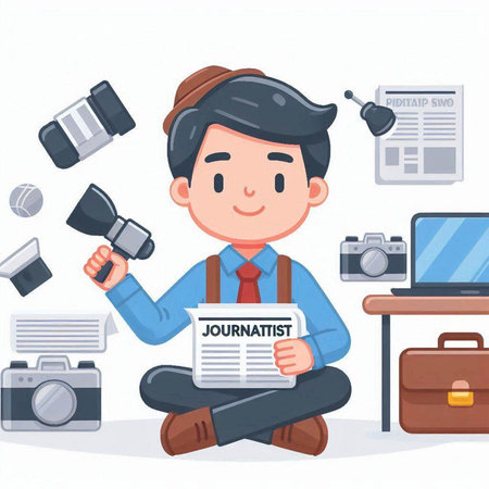 Photographer man with camera and newspaper. Vector illustration in cartoon styleのイラスト素材