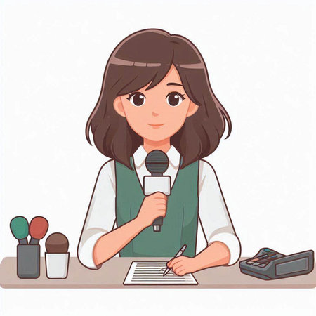 Cute little girl speaking in microphone. Vector illustration in cartoon style.のイラスト素材