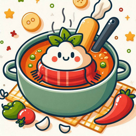 Illustration of a Cute Cartoon Tomato Soup with Sausageのイラスト素材