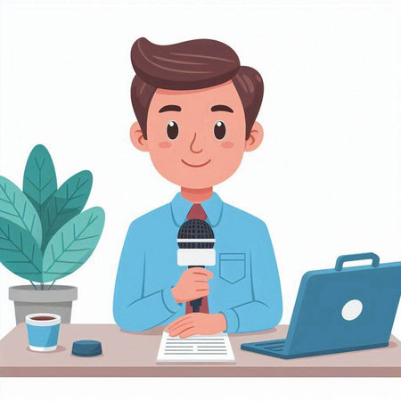 Journalist with microphone in the office. Vector flat cartoon illustration.のイラスト素材
