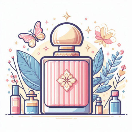 Perfume bottle with flower and butterfly. Vector illustration in flat styleのイラスト素材