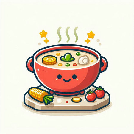 Illustration of a Cute Cartoon Soup Served in a Bowlのイラスト素材