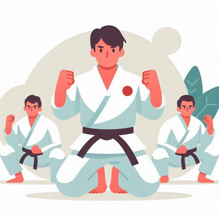 Taekwondo training. Young man in kimono. Vector illustration in cartoon styleのイラスト素材