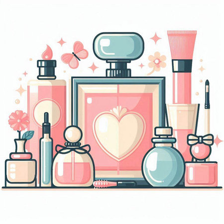 Vector illustration of a set of cosmetics and perfumes in cartoon style.のイラスト素材