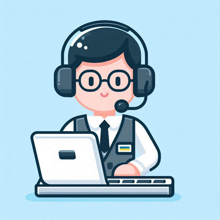 Call center operator with headset and laptop. Vector illustration in flat style.のイラスト素材