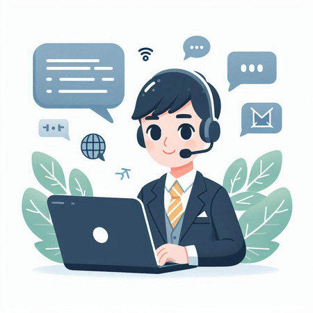 Call center operator with headset and laptop. Flat style vector illustration.のイラスト素材