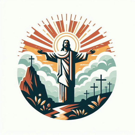 Jesus Christ on the cross in the meadow, vector illustration.のイラスト素材