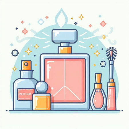 Vector illustration of perfume bottle and cosmetics in flat style on white background.のイラスト素材
