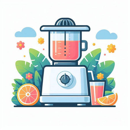 Juicer in flat style. Juicer with fruits. Juicer with juice.のイラスト素材