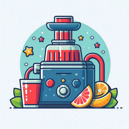 Vector illustration of juicer with juice and fruits. Flat style.のイラスト素材