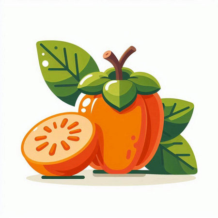 Persimmon fruit with leaves isolated on white background. Vector illustration.のイラスト素材
