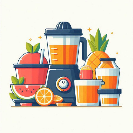 Vector illustration of Juicer, smoothie maker, fruits and juice.のイラスト素材