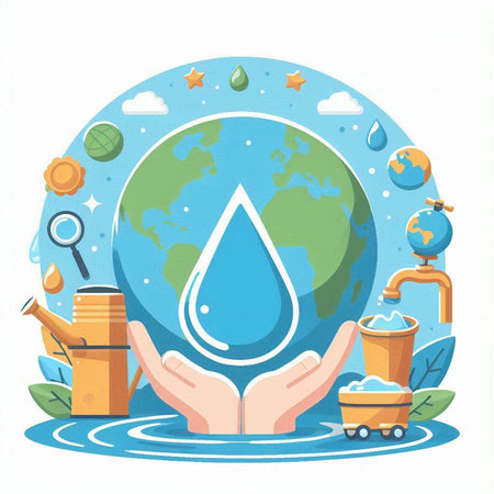 Save water concept with water drop in hands. Flat vector illustration.のイラスト素材