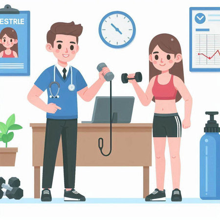 Healthy lifestyle concept with fitness trainer and patient. Vector illustration.のイラスト素材