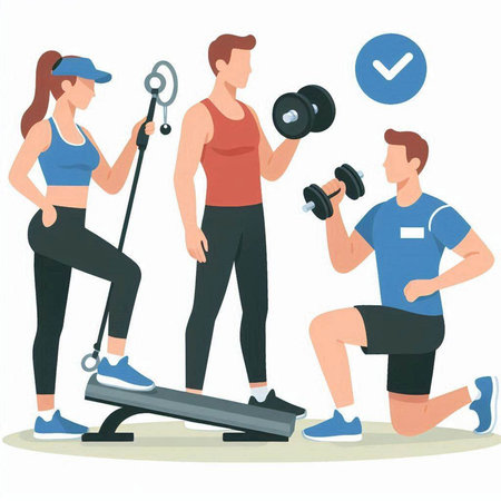 Man and woman in sportswear working out with dumbbells. Vector illustration in cartoon styleのイラスト素材