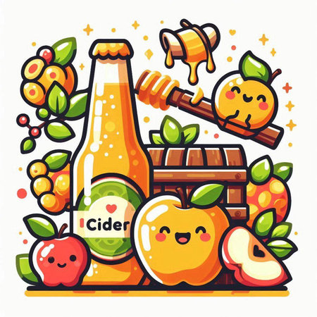 Vector illustration of apple cider in cartoon style with apples, grapes and honey.のイラスト素材