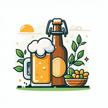 Beer bottle and glass with beer on white background. Vector illustration.のイラスト素材