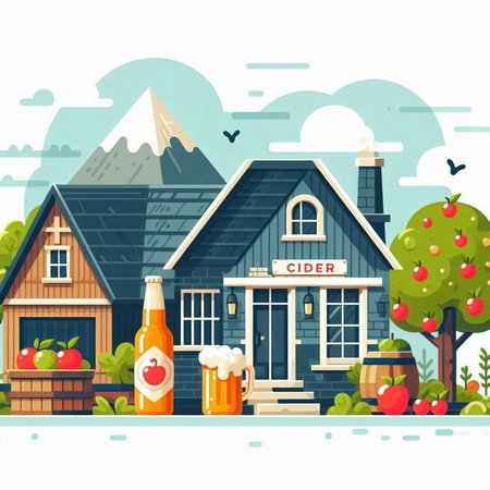 Vector illustration of a small town with houses, trees and fruits.のイラスト素材