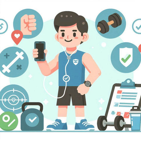 Sportsman with smartwatch and smartphone in his hand. Vector illustration.のイラスト素材