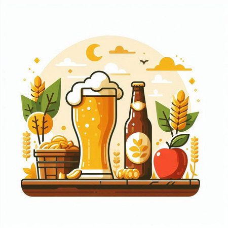 Beer and snacks on the table. Vector illustration in flat style.のイラスト素材