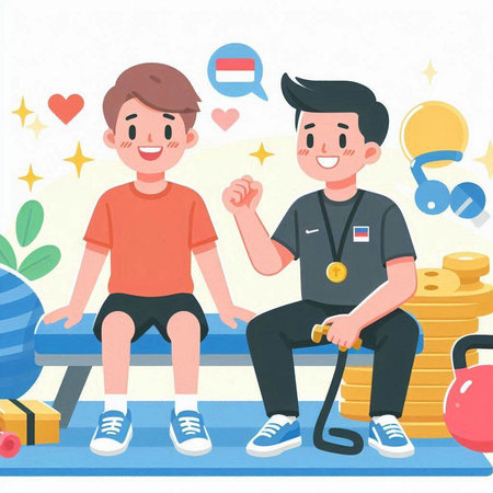 Boy and boy sitting on a bench in a fitness club. Vector illustration.のイラスト素材