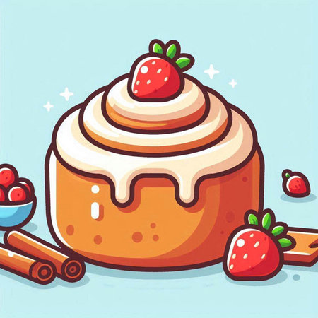 Cake with whipped cream and strawberries. Vector illustration on blue background.のイラスト素材