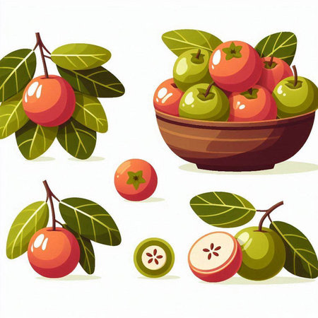 Illustration of a set of red apples with leaves on a white backgroundのイラスト素材