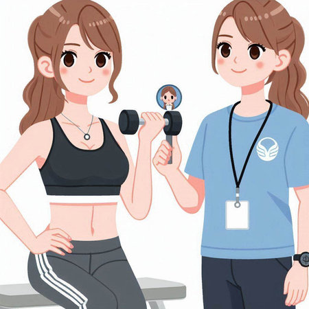 Illustration of a young woman doing a fitness exercise with a trainerのイラスト素材