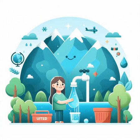 Vector illustration of woman with clean water in the park. Ecology conceptのイラスト素材
