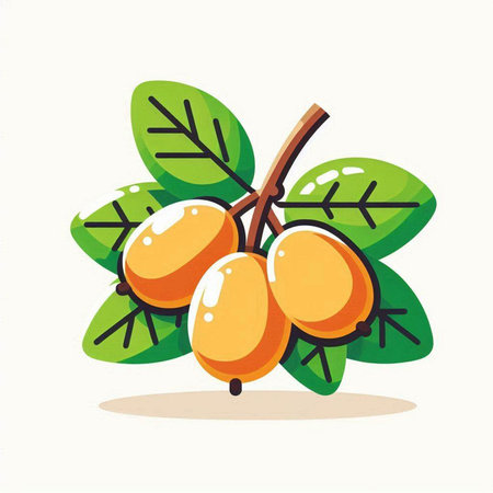Loquat fruit on branch with green leaves. Vector illustration.のイラスト素材