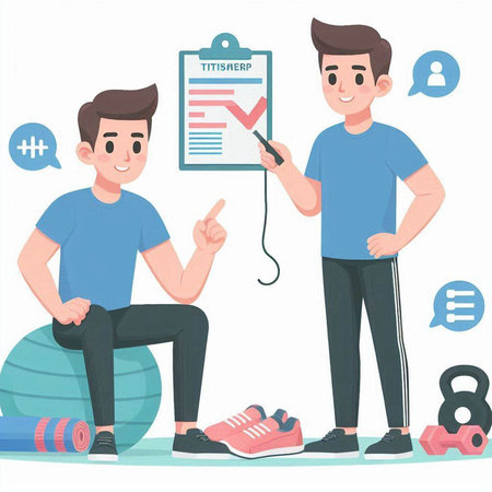 Vector illustration of a young man doing exercises with a personal trainer.のイラスト素材