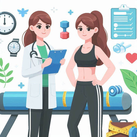 Vector illustration of a female doctor and a female patient in a gymのイラスト素材