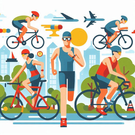 Cyclists in the park. Flat style vector illustration. Group of people riding bicycles.のイラスト素材