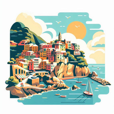 Cinque Terre, Italy. Retro style vector illustration.のイラスト素材
