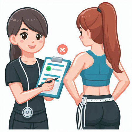Illustration of a Female Fitness Trainer Showing a Clipboard to Her Patientのイラスト素材